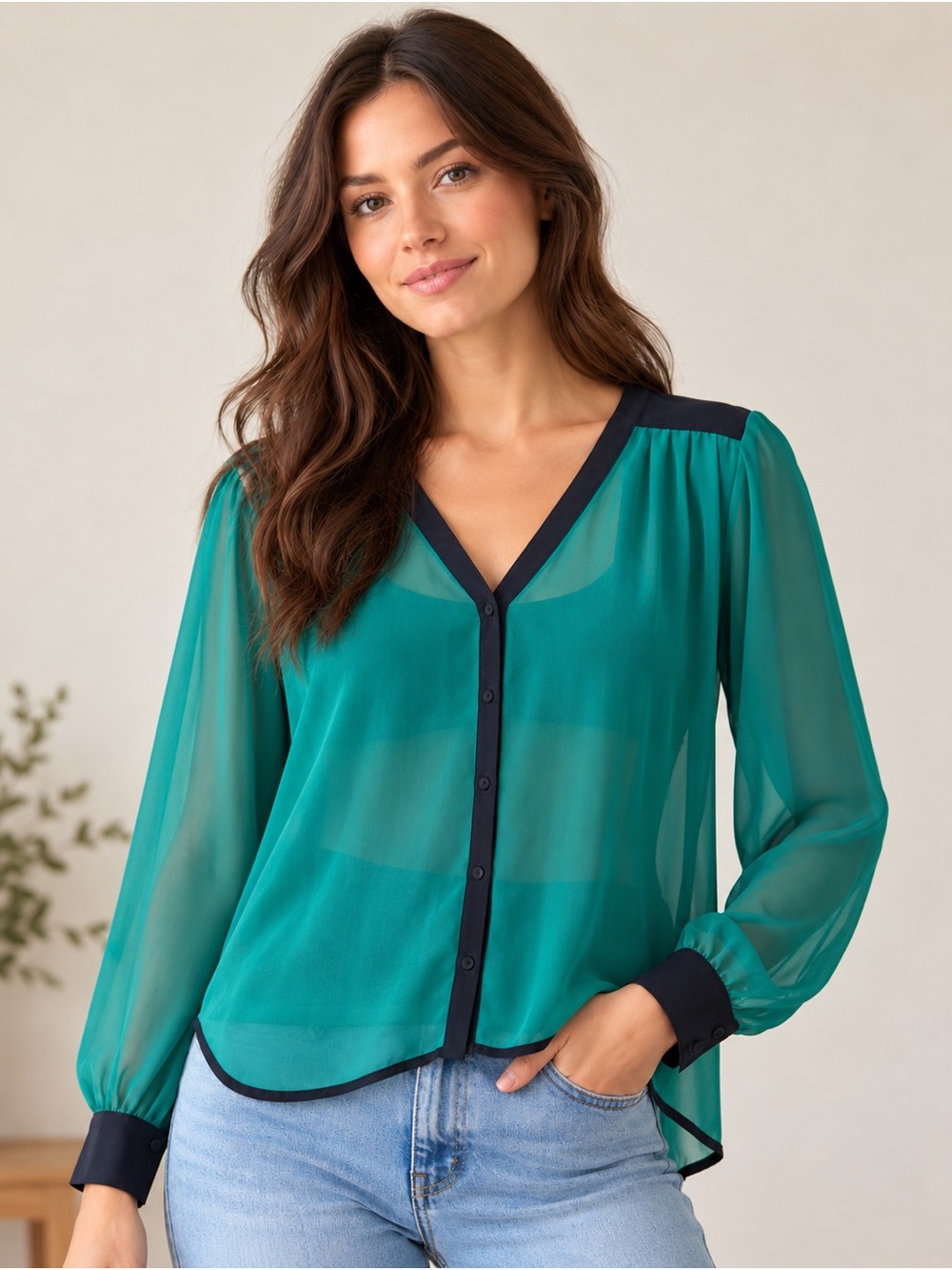 Bar III Teal Sheer V-Neck Blouse with Navy Trim